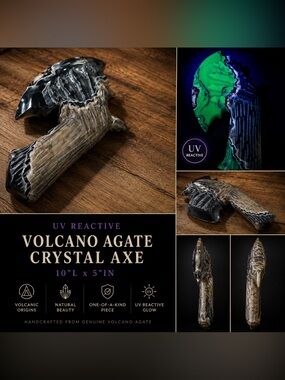 UV Reactive Volcano Agate Crystal Axe, 3 lb Polished Stone Carving | OBO